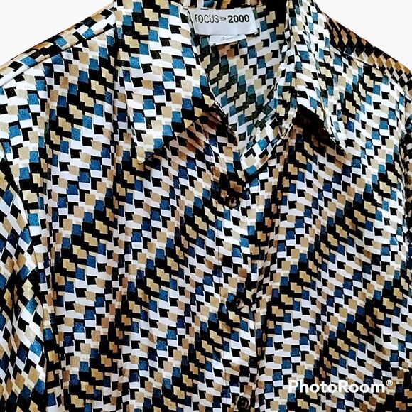 Focus 2000 Button Down Satin Blouse Geometric Pattern Sz 6 Medium - Picture 6 of 10